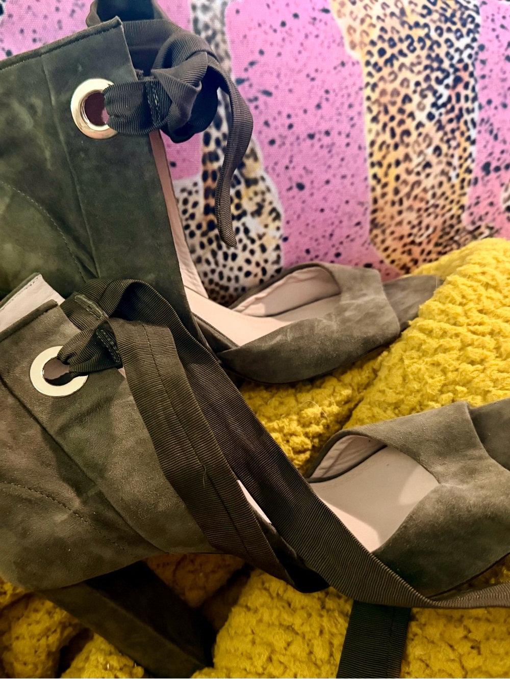 Olive Suede Peep-Toe Block Heel with Ankle Tie - Picture 4 of 6